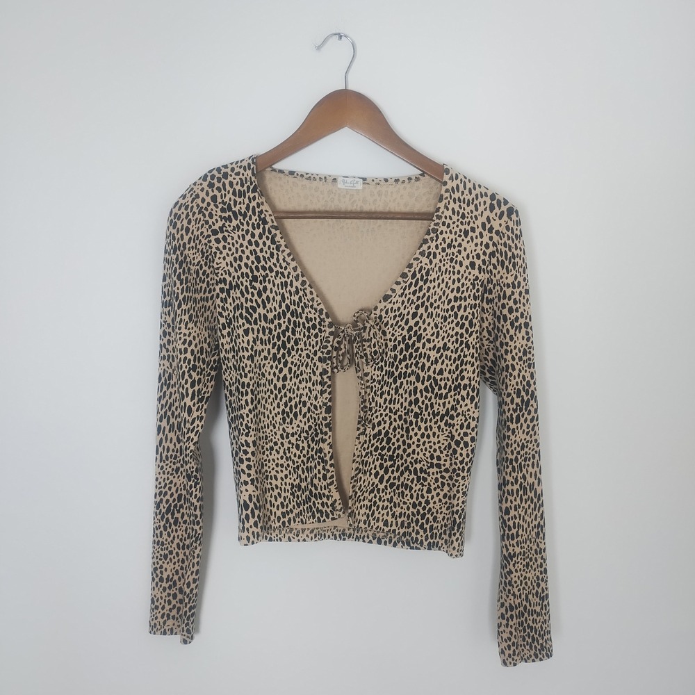 John Galt Tie Front Cardigan Women's XS/S Leopard Print Y2K Indie Crop